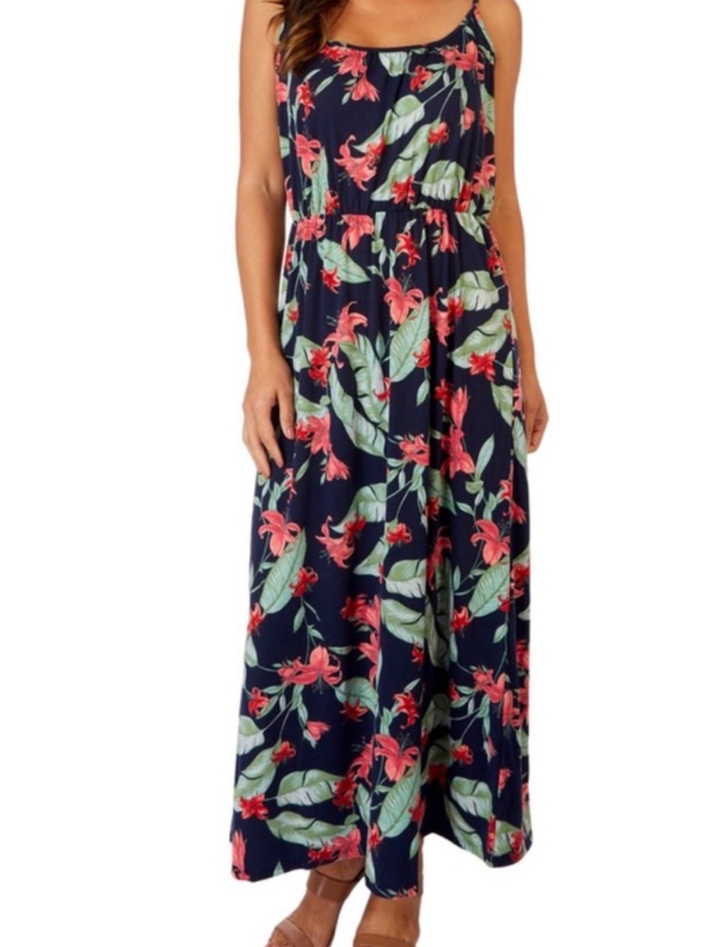 Solyhux NWOT L black multi Floral adj straps pockets Square-Neck midi dress